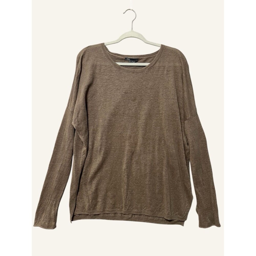 Vince Lightweight Linen Pullover Sweater Size Large Brown Drop Shoulder Coastal